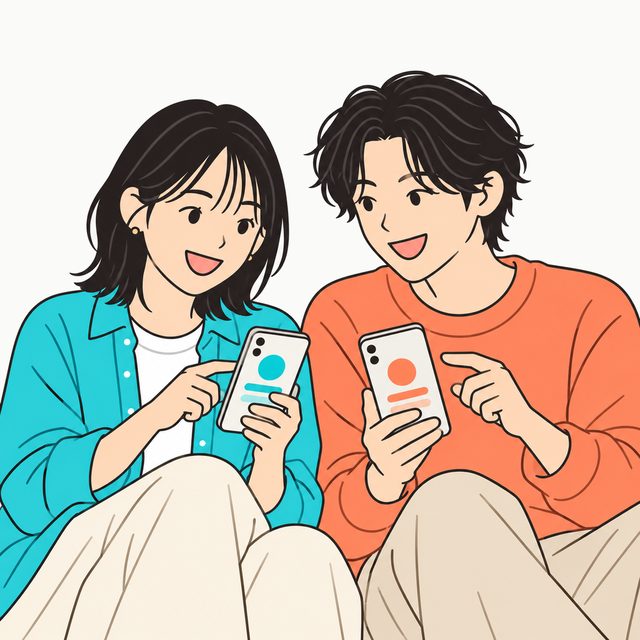 スマホを見せ合って笑いながら話す2人