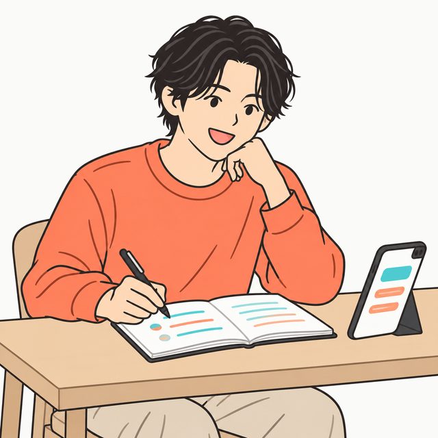 机で自己分析のノートを書きながら、スマホの結果を見る男性
