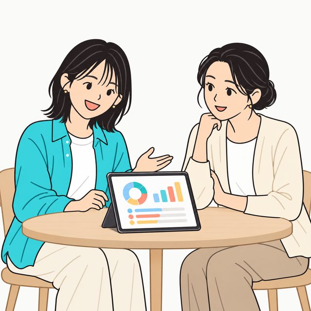 テーブルで向かい合い、結果を見ながら1on1で話す2人