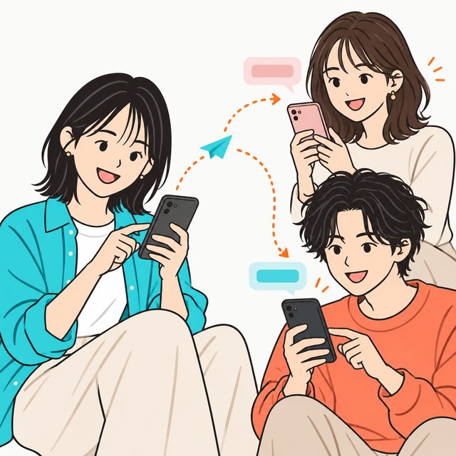 スマホのメッセージアプリから、友人たちにリンクを送っている女性