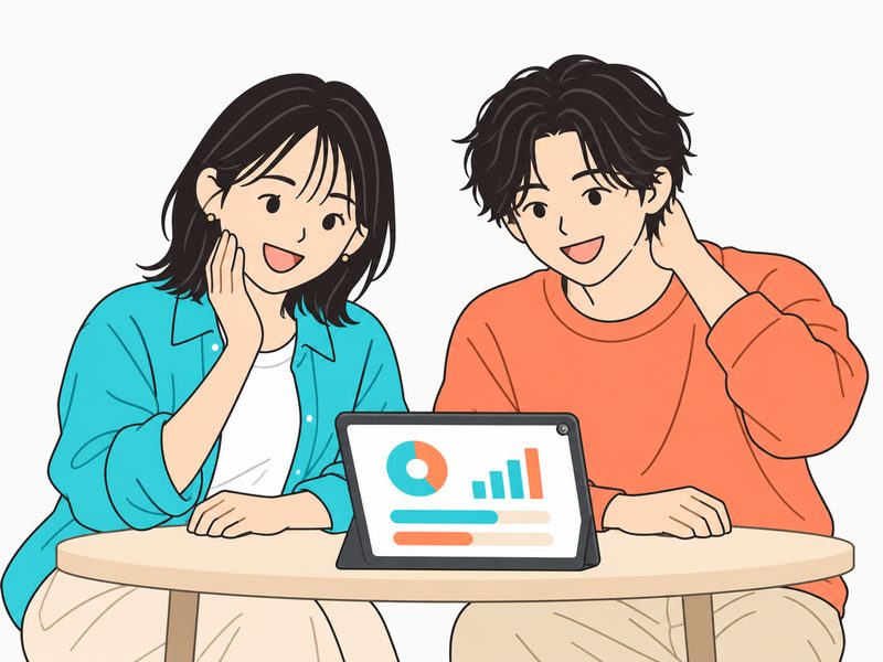 結果画面を見て驚く女性と、照れ笑いする友人の男性