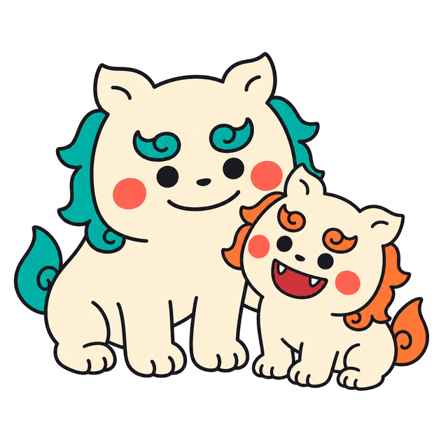 先輩シーサーが新入りシーサーを歓迎しているイラスト