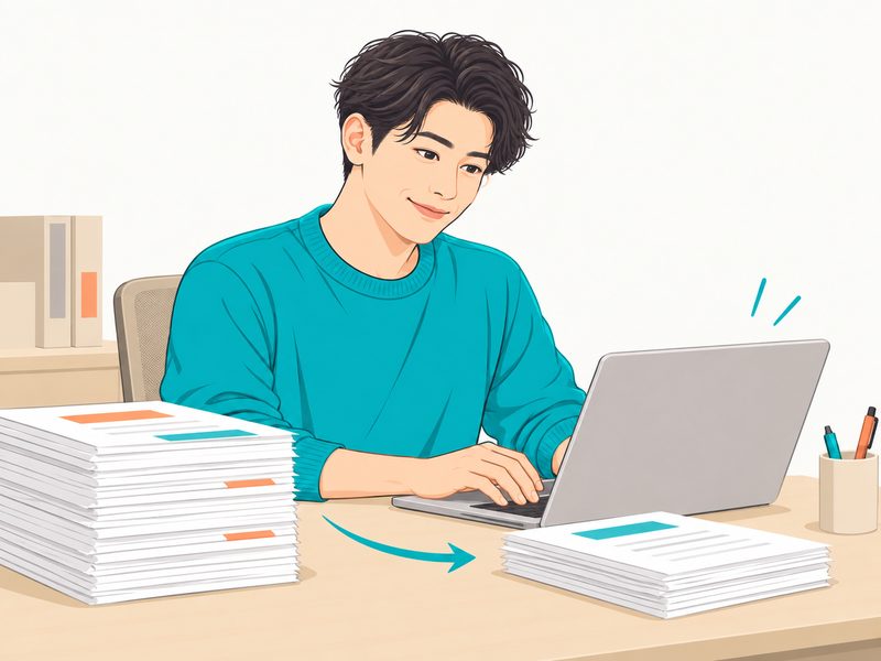 積み上がった書類をパソコンで素早く片づける男性