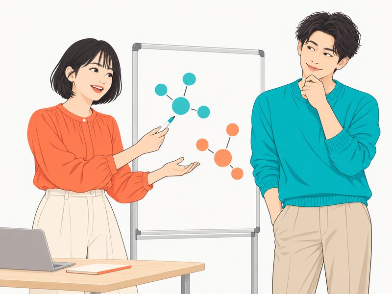 ホワイトボードでAIの得意・不得意を同僚に説明する女性