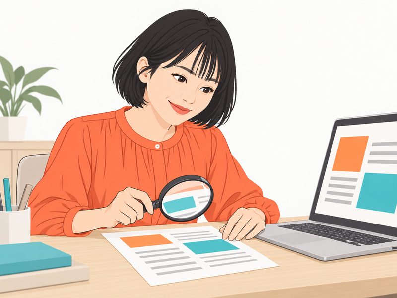 画面と資料を見比べて虫めがねで確かめる女性