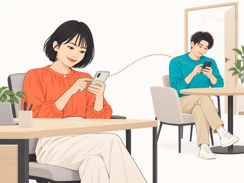 自分の席と会議室で、2人がそれぞれスマホで答えている