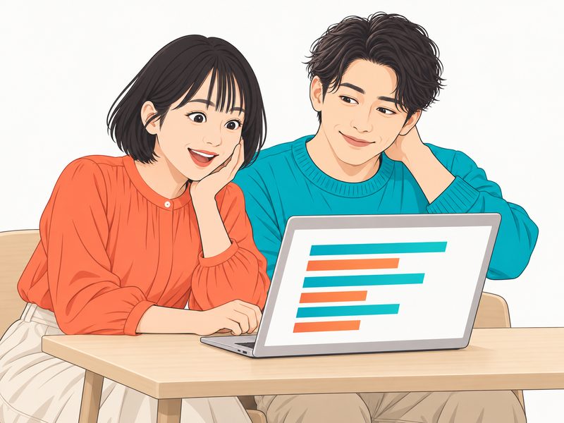 結果画面を見て驚く女性と、照れ笑いする同僚の男性