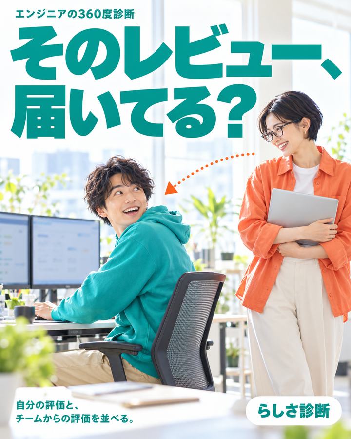 モニターの前で振り返って驚くエンジニアの男性と、ノートパソコンを抱えて笑いかけるマネージャーの女性