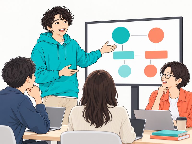 社内勉強会でスクリーンを指して話すエンジニア