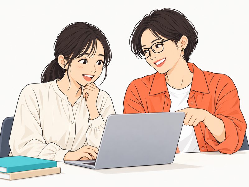 困っている後輩の隣で一緒に画面を見るマネージャー
