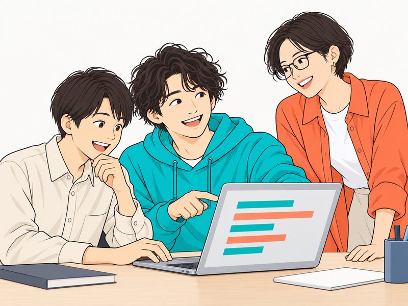 同僚と一緒にコードを見ながら教えるエンジニア