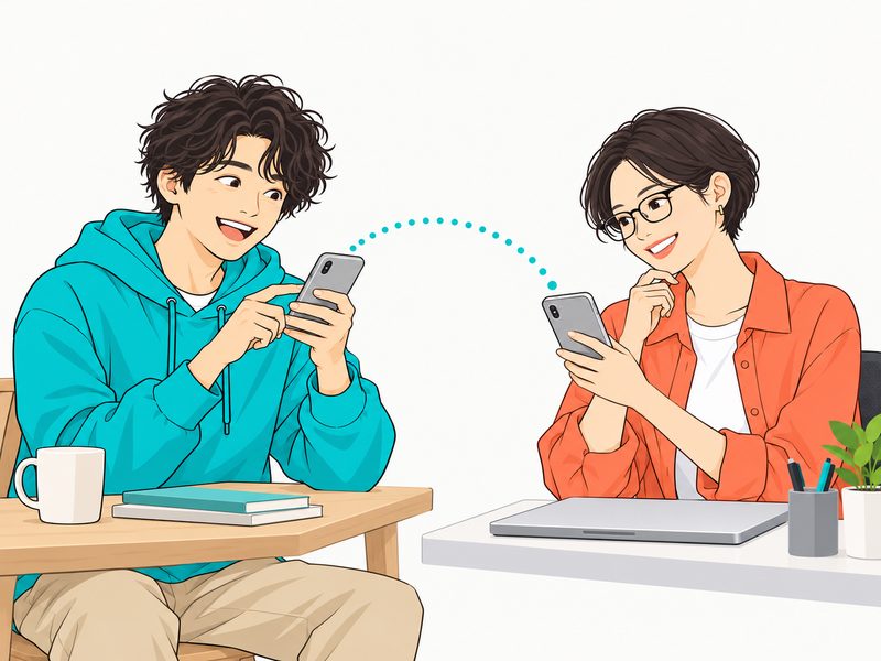 自宅のデスクとオフィスで、2人がそれぞれスマホで答えている