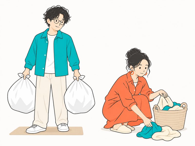 ゴミ袋を持つ男性と、脱いだ服を片づける女性