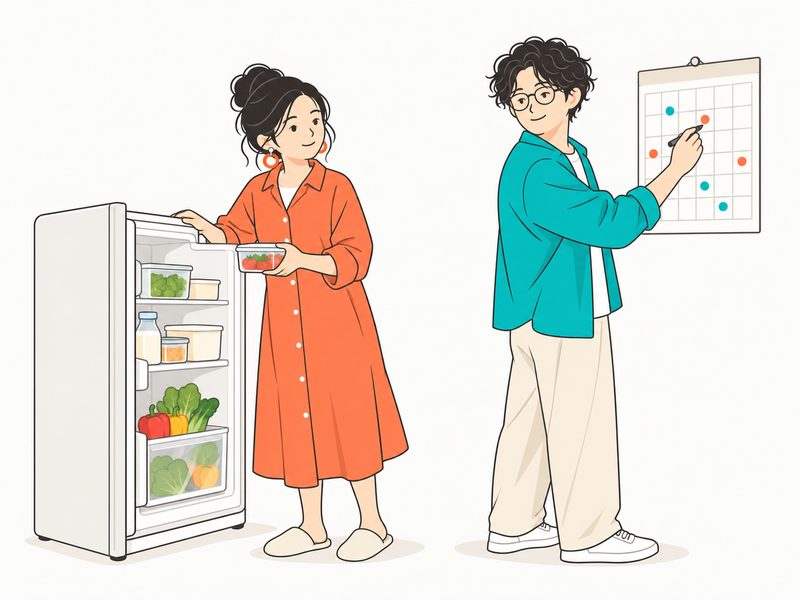 冷蔵庫の中を確かめる女性と、カレンダーに予定を書く男性