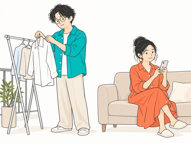 ベランダで洗濯物を干す男性と、部屋でスマホを見ている女性