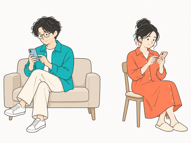 ソファとキッチンで、2人がそれぞれ自分のスマホで答えている