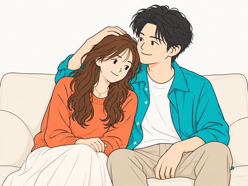 男性の肩に頭を寄せる女性と、照れながら頭をなでる男性