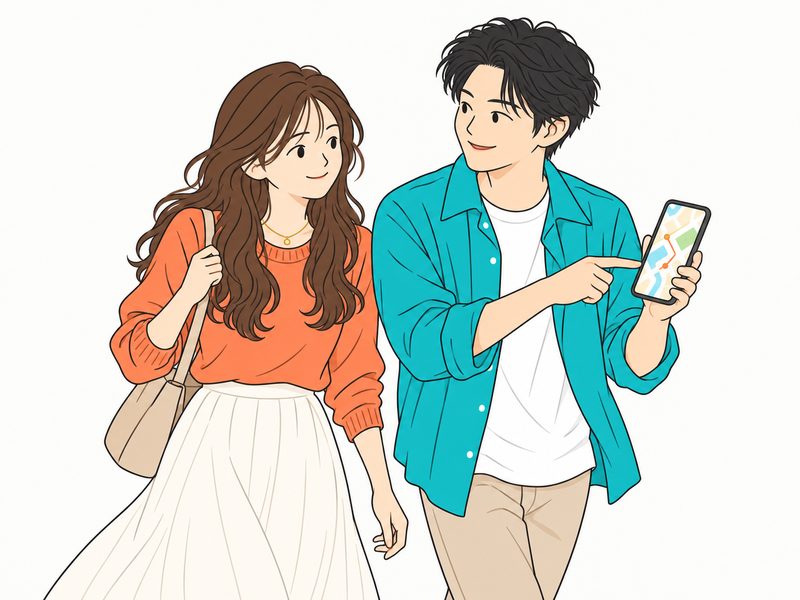 地図アプリを見せて行き先を決める男性と、笑ってついていく女性