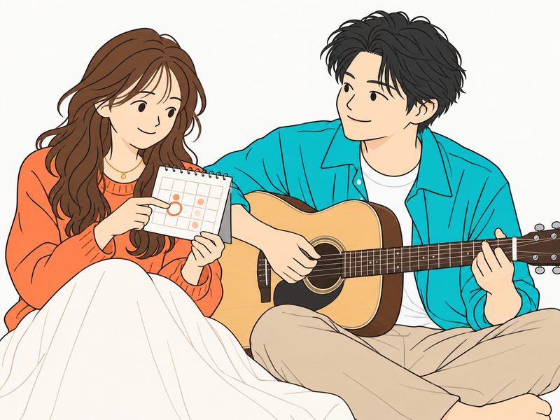 ギターを弾く男性と、記念日に印をつけたカレンダーを見る女性