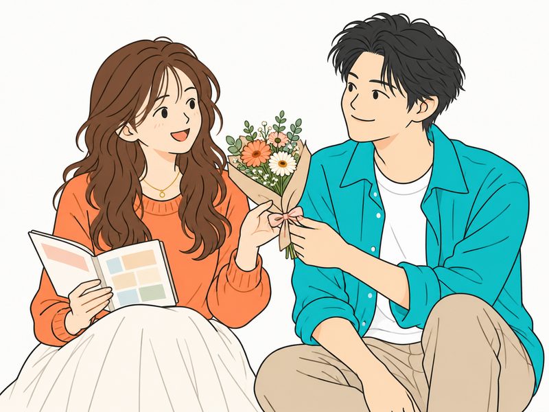 花束を差し出す男性と、家計簿を持ちながら受け取る女性