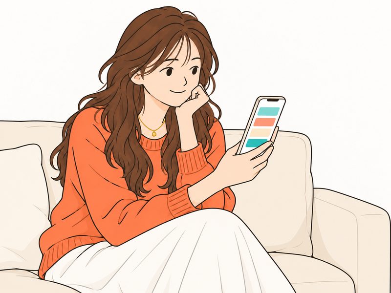 ソファでスマホのプロフィールを作りながら考える女性