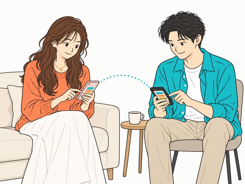 自宅のソファと職場の休憩スペースで、2人がそれぞれスマホで答えている