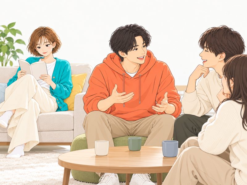 友達の輪の真ん中で話す男性と、ソファで一人で本を読む女性
