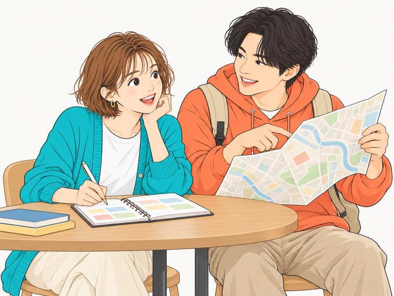 手帳に予定を書き込む女性と、地図を広げて寄り道しようとする男性