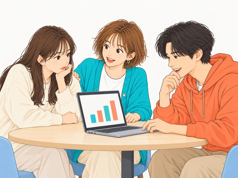 パソコンのグラフを見て考える男性と、友達の話に寄り添う女性