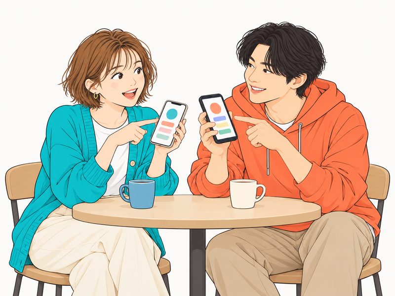 カフェでスマホを見せ合って盛り上がる2人
