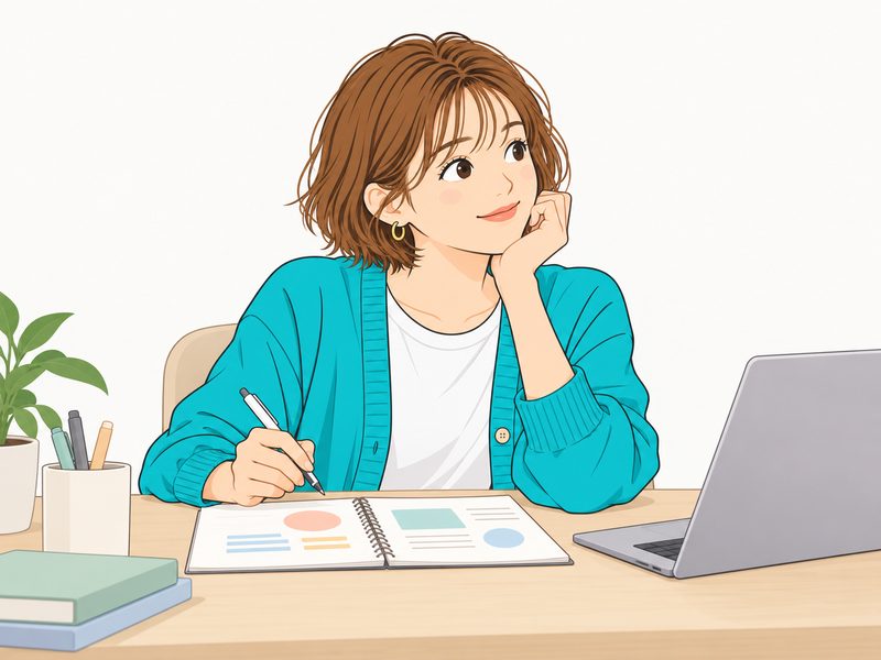 机でノートとパソコンを前に首をかしげる女性