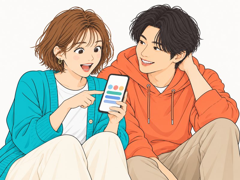 結果画面を見て驚く女性と、照れ笑いする男性