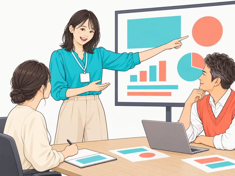 会議で画面を指してチームに説明する女性