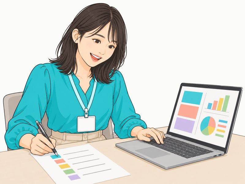 チェックリストに印を付けながら作業を進める女性
