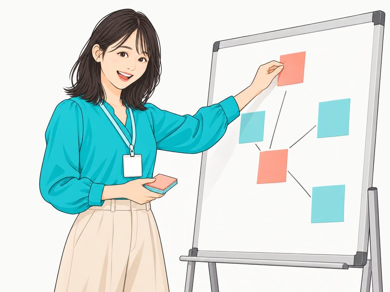 自分から改善案の付箋をボードに貼る女性