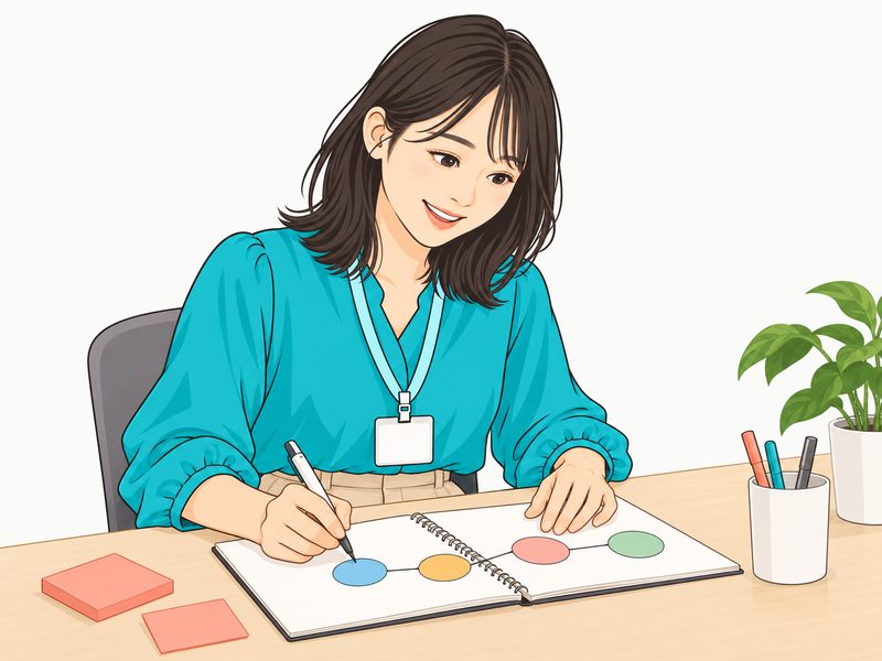 ノートに工程を書いて段取りを考える女性