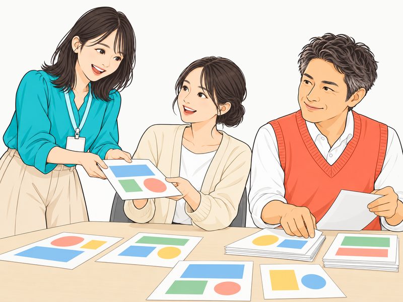 机を囲んで資料を手分けするチーム