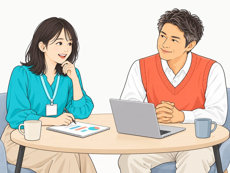1on1の席で、何を話そうか考える女性と上司
