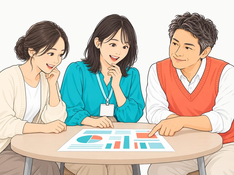 同じ資料を見て、うなずく同僚と別の点を指さす上司