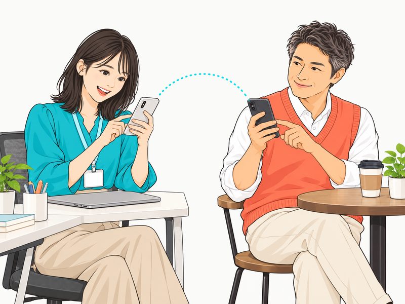 自分の席と移動中のカフェで、2人がそれぞれスマホで答えている