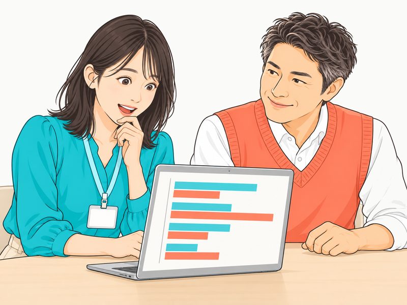 結果画面を見て驚く女性と、うなずく上司