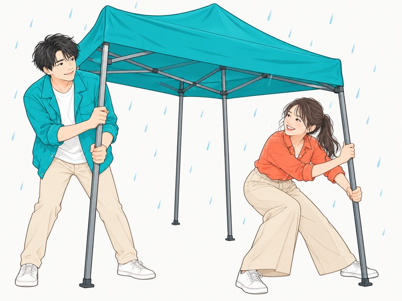 雨が降り出した屋外イベントでテントを広げる女性