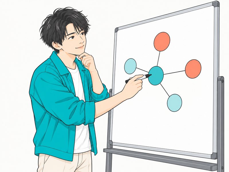 ホワイトボードに図を描いて問題を整理する男性