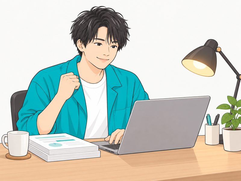 資料を仕上げて小さくガッツポーズする男性