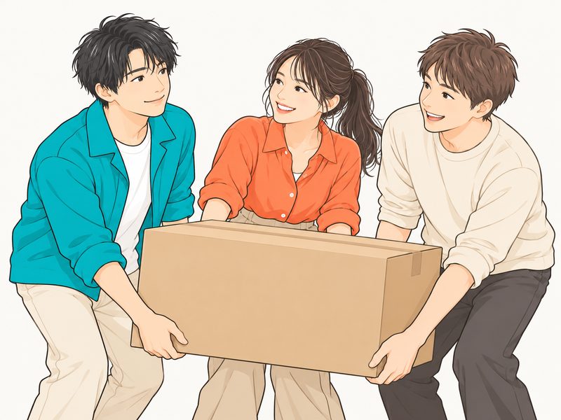仲間に声をかけて一緒に箱を運び始める女性