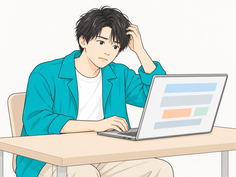 パソコンの前で自己PRが書けずに頭をかく男性