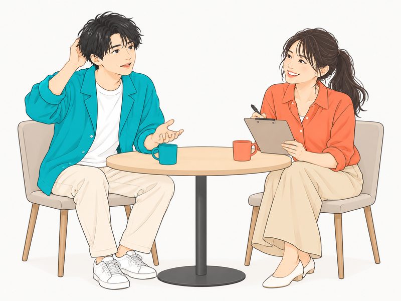 面接の練習で言葉に詰まる男性と、優しく待つ面接官役の女性
