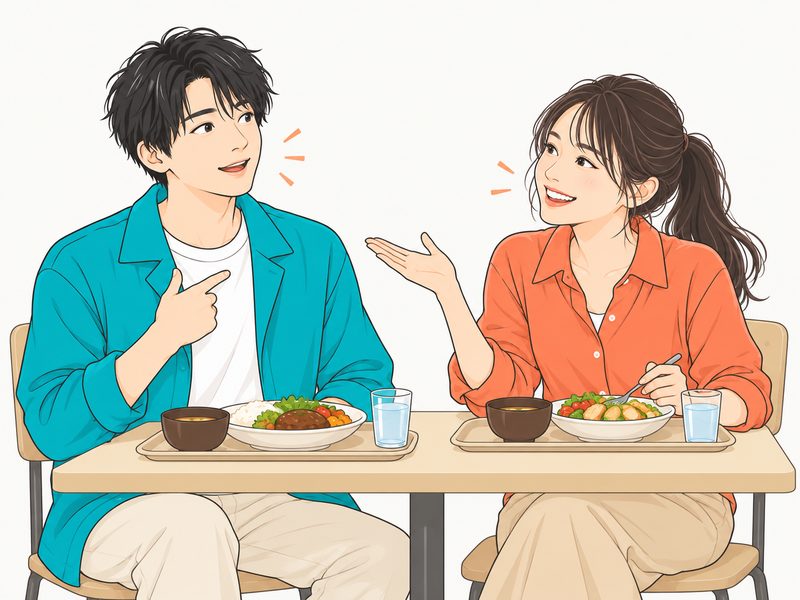 学食で話しかける女性と、意外そうな顔をする男性