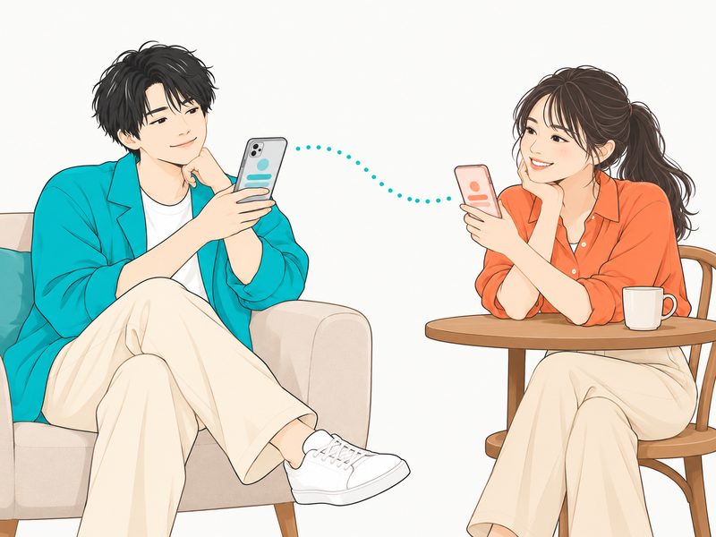 自宅とカフェで、2人がそれぞれスマホで答えている